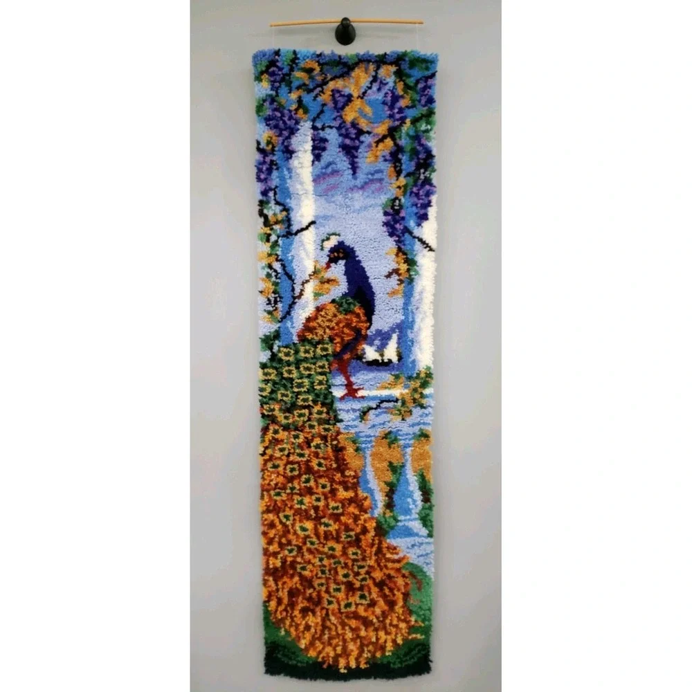 LARGE Vintage Latch Hook Rug Completed Beach Sea Wall Hanging PEACOCK maximalist